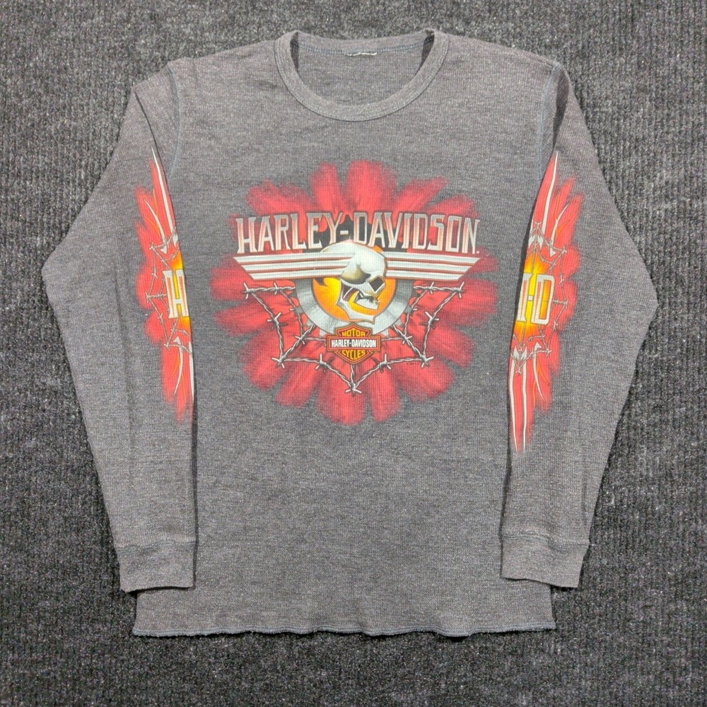Harley Davidson Thermal Shirt Mens Med Y2k Flames Skull Barbed Wire Long Sleeve